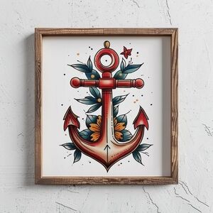 Nautical Anchor Art Print with Red and Blue Accents